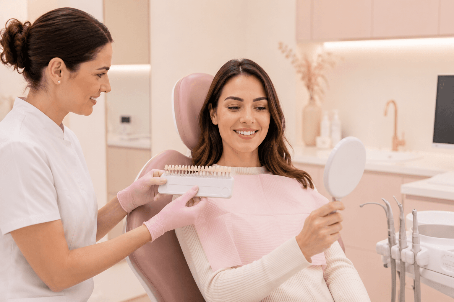 A whitening professional matching tooth shades for a smiling patient holding a hand mirror